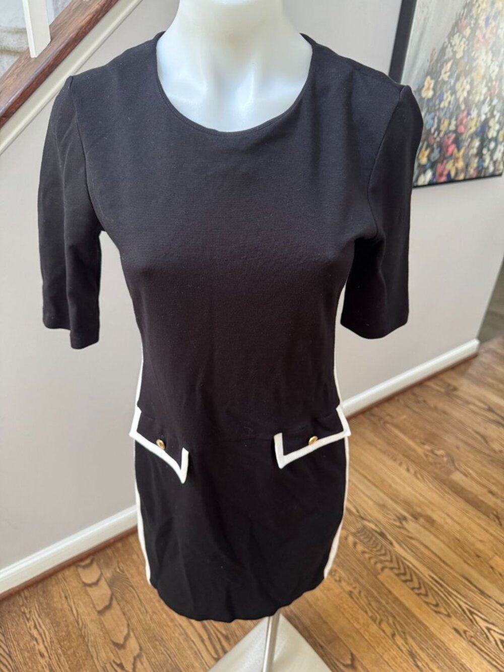 Carmen Marc Valvo Black White Knit ColorBlock Sheath LBD Dress Size 4